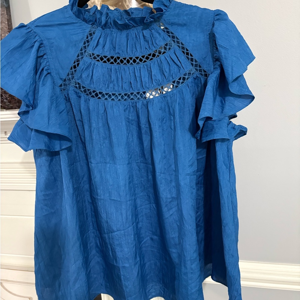 Blue Ruffled Women's Top $74 tags - Picture 4 of 6